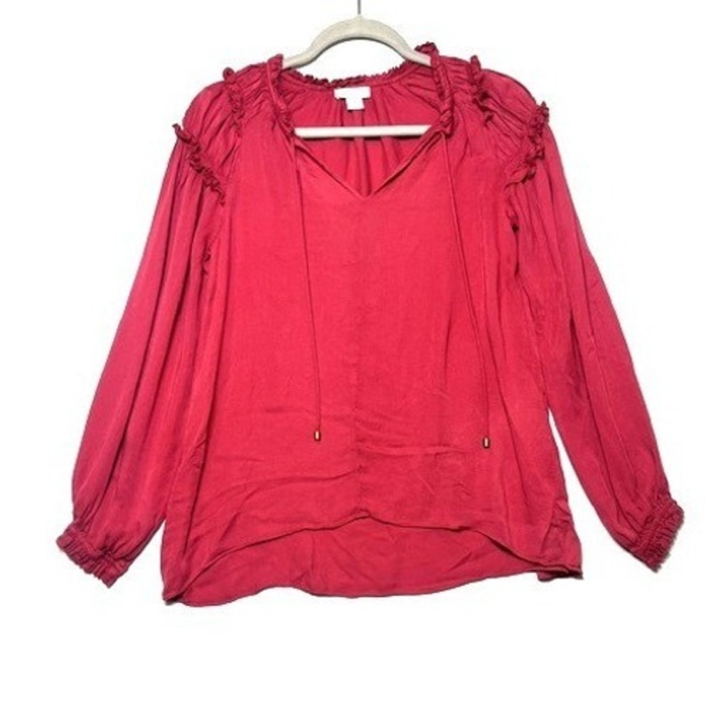 Sundance Women XS Pink Ruffle Tie Neck Boho Peasant Blouse Long Sleeve Top